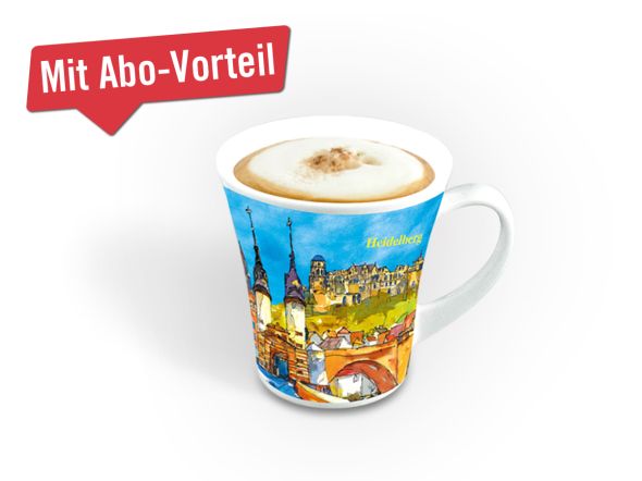 Schöne Tasse mit buntem Aquarellmotiv der Stadt Heidelberg und Heidelberg Schriftzug