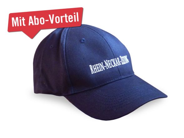 Blaue Kappe mit weißem Rhein-Neckar-Zeitung Schriftzug