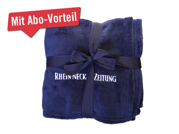 Dunkelblaue Kuscheldecke mit weißem RNZ Schriftzug