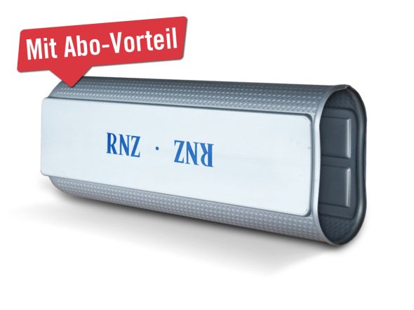 Hellgraue Zeitungsbox mit blauem RNZ Logo