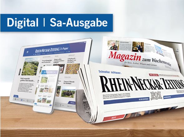 Zeitungsrolle, Magazin sowie Tablet und Handy mit RNZ E-Paper Darstellung, Digital + Sa-Ausgabe