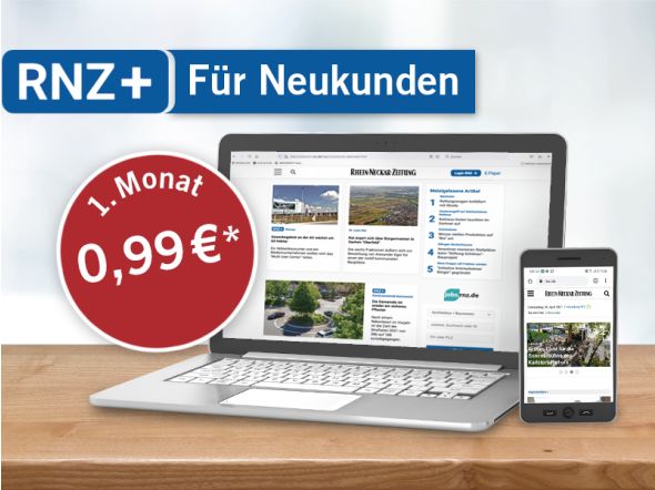 RNZ + für Neukunden, Tablet und Handy mit RNZ-Webseite Darstellung, 1. Monat für 0,99 €