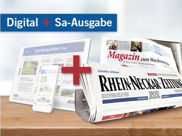 Digital + Sa-Ausgabe, Abbildung der Zeitungsrolle sowie Wochenendmagazin und Tablet mit E-Paper Darstellung