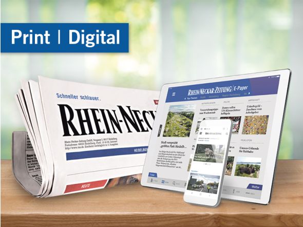 Zeitungsrolle sowie Tablet und Handy mit RNZ E-Paper Darstellung, Print + Digital