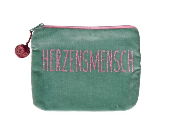Kosmetiktasche Herzensmensch in Grün mit Aufdruck Rosa