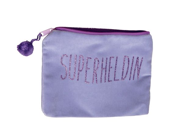 Kosmetiktasche Superheldin in Flieder mit Aufdruck Lila