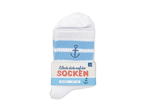 Weiße Socken mit blauen Streifen und blauem Anker "Mach dich auf die Socken", Größe 40-45