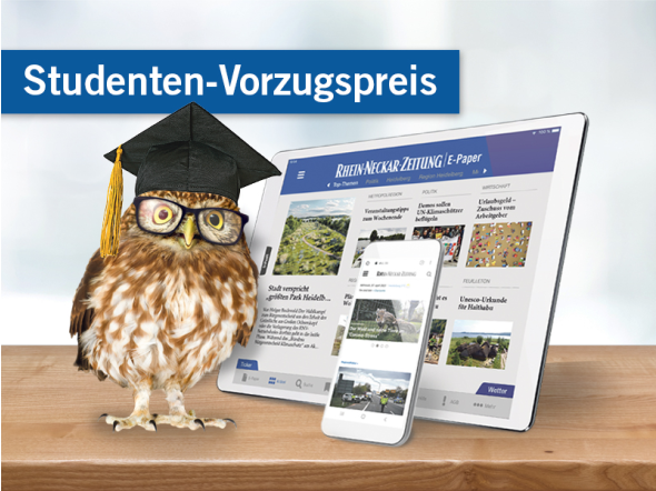 Studenten-Vorzugspreis, Tablet und Handy mit RNZ E-Paper Darstellung sowie einer Eule mit Abschlusshut